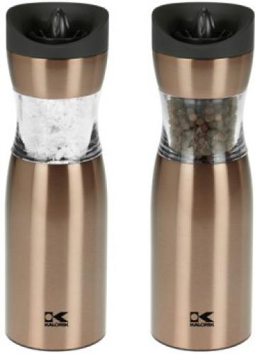 Kalorik PPG 37241 GD Electric Gravity Salt and Pepper Grinder Set Gold; Set of 2 electric pepper mills, with gravity function; Durable Stainless steel housing; With ceramic grinder, performant and rust free; Works on 6 x AAA batteries (each mill); Adjustable grind level, from coarse to fine; Dimensions: 2.5 x 2.5 x 7.33; UPC 848052002593 (PPG37241GD PPG 37241 GD)